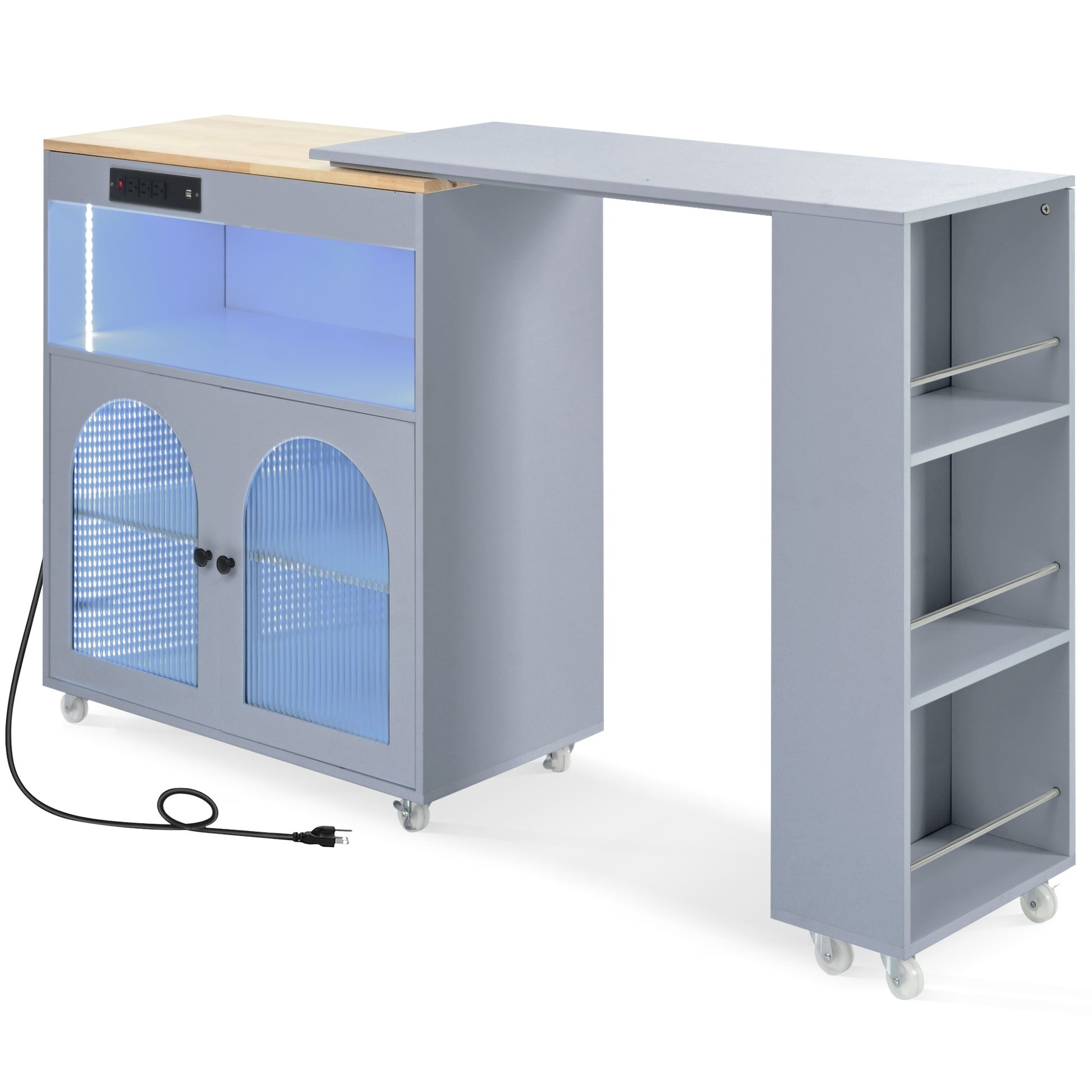 K&K Rolling Kitchen Island With Extended Table, Kitchen Island On Wheels With Led Lights,Power Outlets And 2 Fluted Glass Doors, Kitchen Island With A Storage Compartment And Side 3 Open Shelves, Grey Grey Blue Kitchen Classic,European,Modern Rectangular