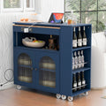 K&K Rolling Kitchen Island With Extended Table, Kitchen Island On Wheels With Led Lights,Power Outlets And 2 Fluted Glass Doors, Kitchen Island With A Storage Compartment And Side 3 Open Shelves, Navy Navy Blue Kitchen Classic,European,Modern Rectangular