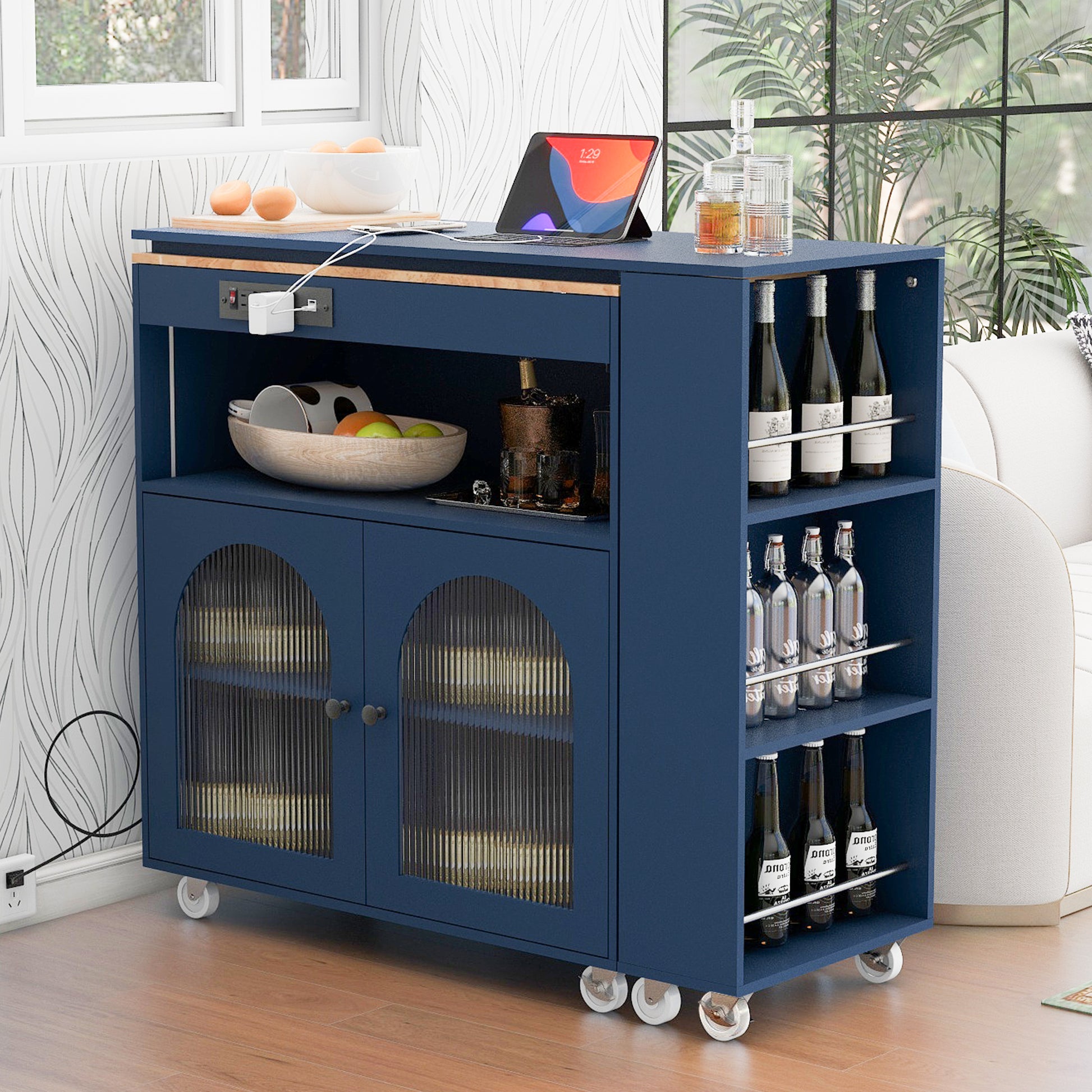 K&K Rolling Kitchen Island With Extended Table, Kitchen Island On Wheels With Led Lights,Power Outlets And 2 Fluted Glass Doors, Kitchen Island With A Storage Compartment And Side 3 Open Shelves, Navy Navy Blue Kitchen Classic,European,Modern Rectangular
