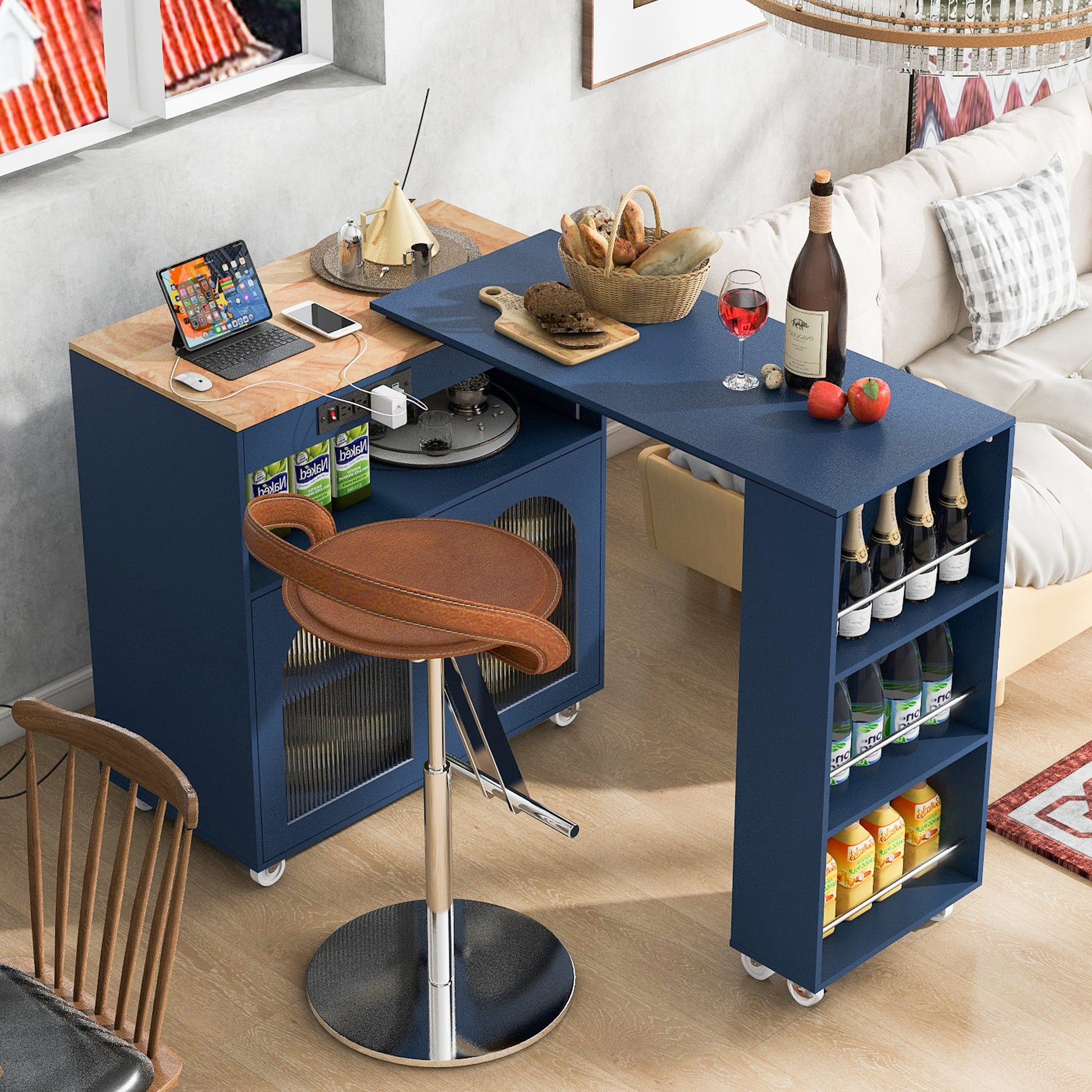 K&K Rolling Kitchen Island With Extended Table, Kitchen Island On Wheels With Led Lights,Power Outlets And 2 Fluted Glass Doors, Kitchen Island With A Storage Compartment And Side 3 Open Shelves, Navy Navy Blue Kitchen Classic,European,Modern Rectangular