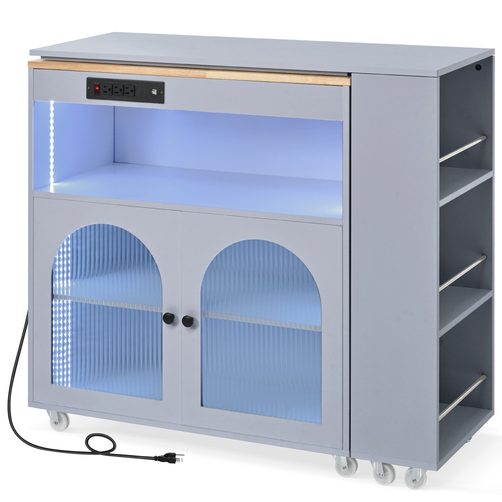 K&K Rolling Kitchen Island With Extended Table, Kitchen Island On Wheels With Led Lights,Power Outlets And 2 Fluted Glass Doors, Kitchen Island With A Storage Compartment And Side 3 Open Shelves, Grey Grey Blue Kitchen Classic,European,Modern Rectangular