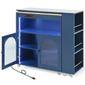 K&K Rolling Kitchen Island With Extended Table, Kitchen Island On Wheels With Led Lights,Power Outlets And 2 Fluted Glass Doors, Kitchen Island With A Storage Compartment And Side 3 Open Shelves, Navy Navy Blue Kitchen Classic,European,Modern Rectangular