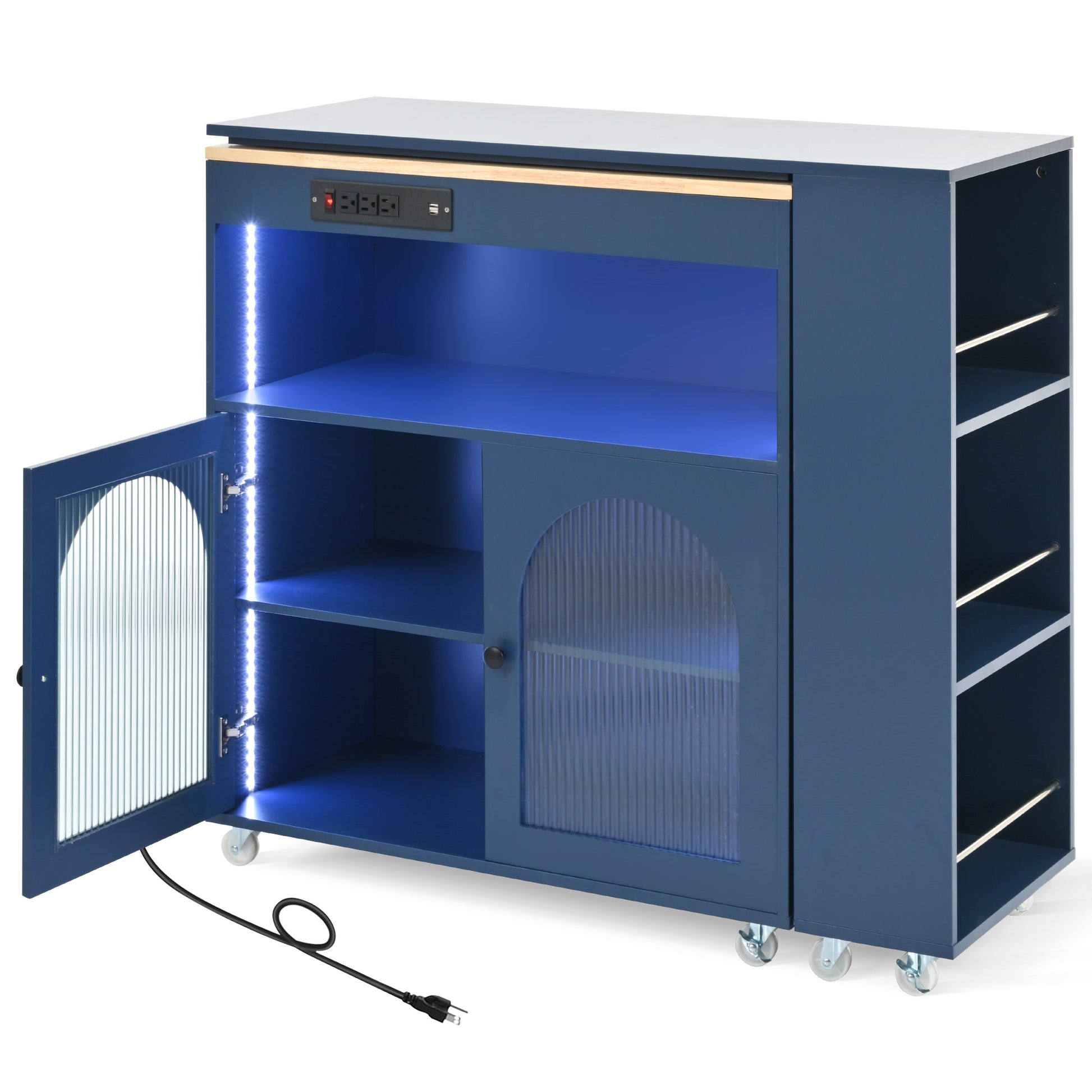 K&K Rolling Kitchen Island With Extended Table, Kitchen Island On Wheels With Led Lights,Power Outlets And 2 Fluted Glass Doors, Kitchen Island With A Storage Compartment And Side 3 Open Shelves, Navy Navy Blue Kitchen Classic,European,Modern Rectangular