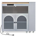 K&K Rolling Kitchen Island With Extended Table, Kitchen Island On Wheels With Led Lights,Power Outlets And 2 Fluted Glass Doors, Kitchen Island With A Storage Compartment And Side 3 Open Shelves, Grey Grey Blue Kitchen Classic,European,Modern Rectangular
