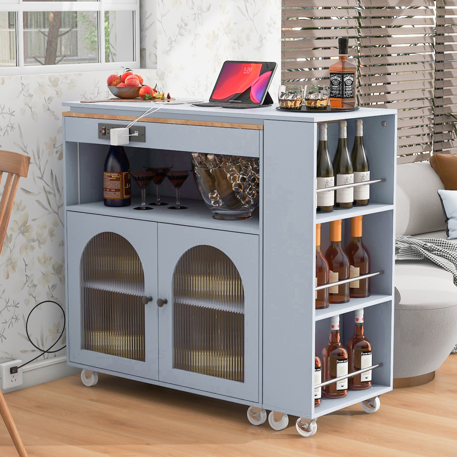 K&K Rolling Kitchen Island With Extended Table, Kitchen Island On Wheels With Led Lights,Power Outlets And 2 Fluted Glass Doors, Kitchen Island With A Storage Compartment And Side 3 Open Shelves, Grey Grey Blue Kitchen Classic,European,Modern Rectangular