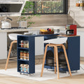 K&K Rolling Kitchen Island With Extended Table, Kitchen Island On Wheels With Led Lights,Power Outlets And 2 Fluted Glass Doors, Kitchen Island With A Storage Compartment And Side 3 Open Shelves, Navy Navy Blue Kitchen Classic,European,Modern Rectangular