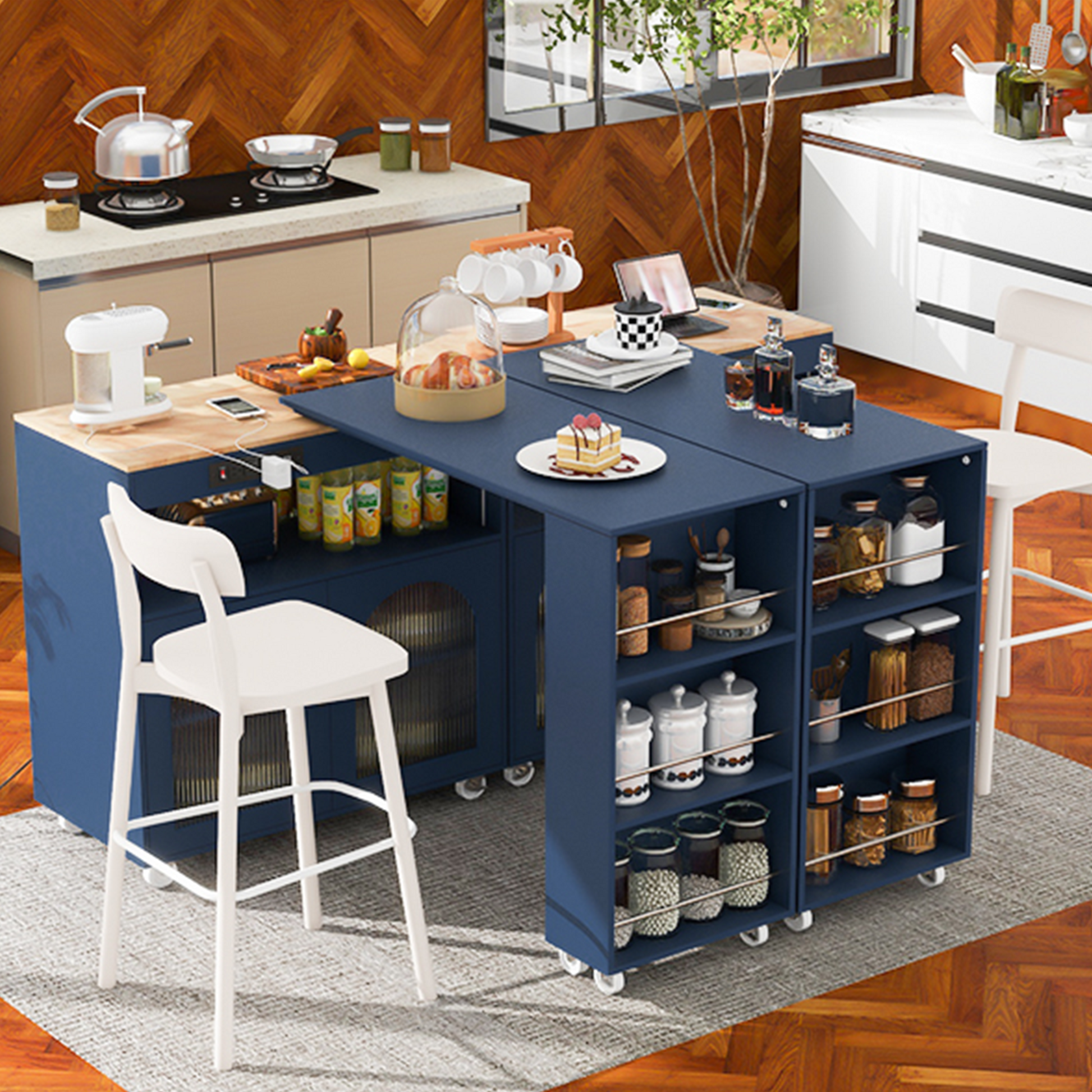 K&K Rolling Kitchen Island With Extended Table, Kitchen Island On Wheels With Led Lights,Power Outlets And 2 Fluted Glass Doors, Kitchen Island With A Storage Compartment And Side 3 Open Shelves, Navy Navy Blue Kitchen Classic,European,Modern Rectangular