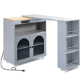 K&K Rolling Kitchen Island With Extended Table, Kitchen Island On Wheels With Led Lights,Power Outlets And 2 Fluted Glass Doors, Kitchen Island With A Storage Compartment And Side 3 Open Shelves, Grey Grey Blue Kitchen Classic,European,Modern Rectangular