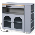 K&K Rolling Kitchen Island With Extended Table, Kitchen Island On Wheels With Led Lights,Power Outlets And 2 Fluted Glass Doors, Kitchen Island With A Storage Compartment And Side 3 Open Shelves, Grey Grey Blue Kitchen Classic,European,Modern Rectangular
