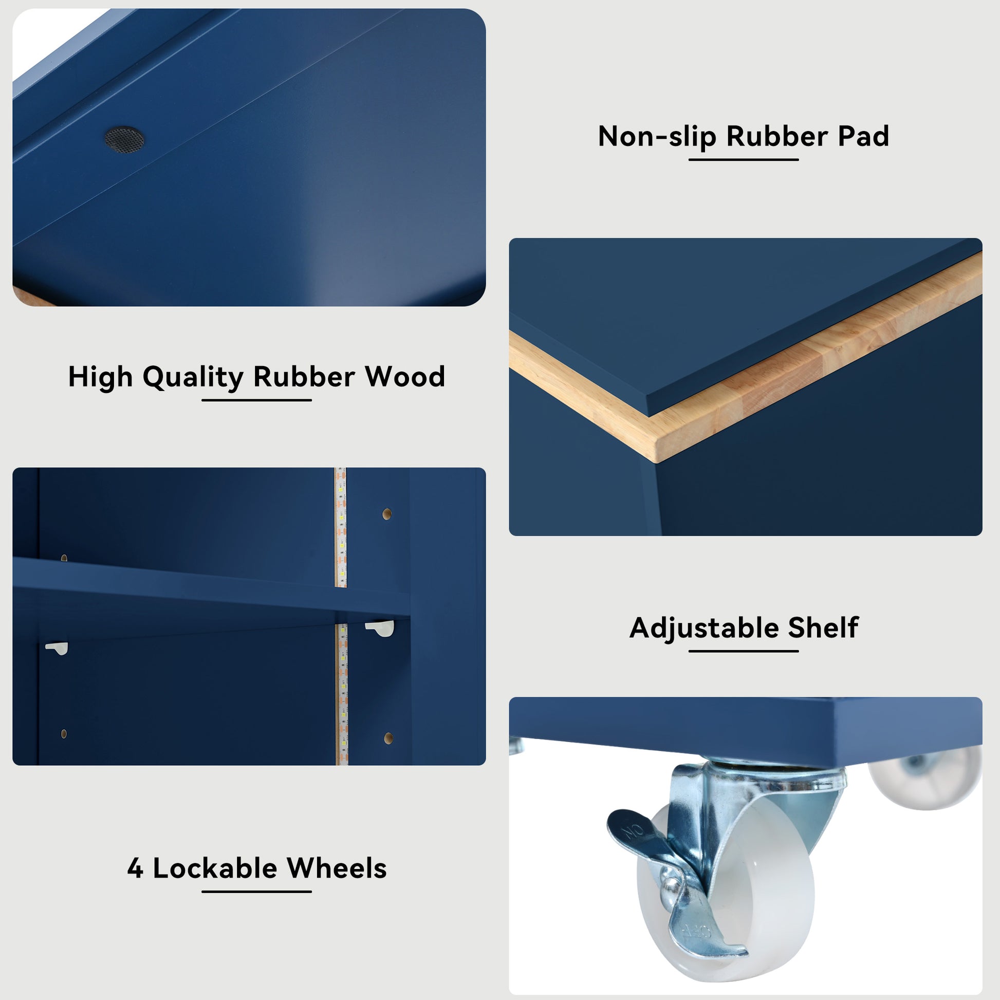 K&K Rolling Kitchen Island With Extended Table, Kitchen Island On Wheels With Led Lights,Power Outlets And 2 Fluted Glass Doors, Kitchen Island With A Storage Compartment And Side 3 Open Shelves, Navy Navy Blue Kitchen Classic,European,Modern Rectangular
