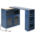 K&K Rolling Kitchen Island With Extended Table, Kitchen Island On Wheels With Led Lights,Power Outlets And 2 Fluted Glass Doors, Kitchen Island With A Storage Compartment And Side 3 Open Shelves, Navy Navy Blue Kitchen Classic,European,Modern Rectangular