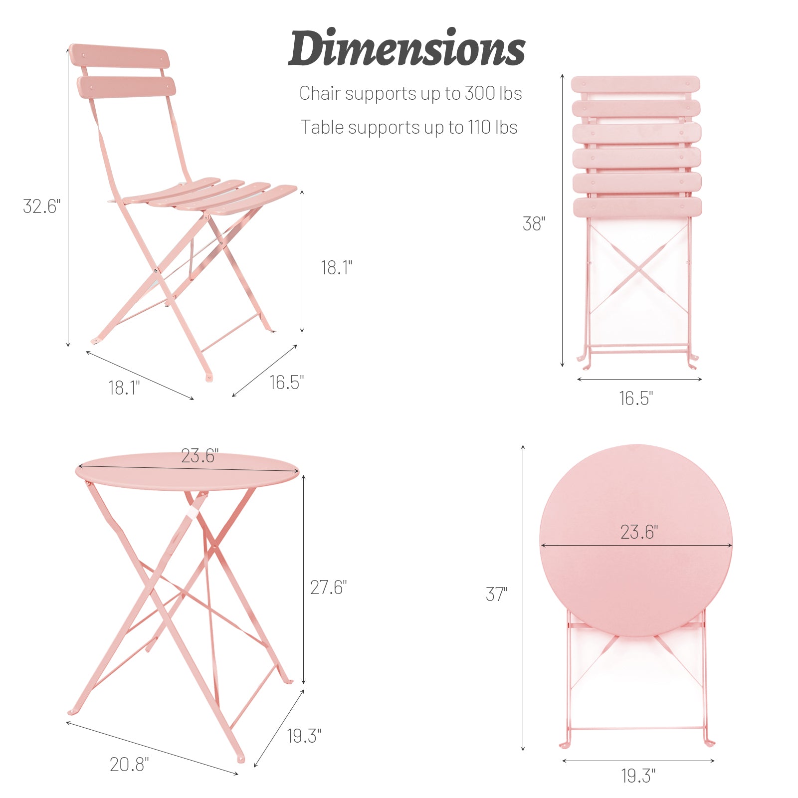 3 Pieces Patio Bistro Balcony Metail Chair Table Set Pink Yes Pink Rust Resistant Frame Fade Resistant Cushion Foam Metal