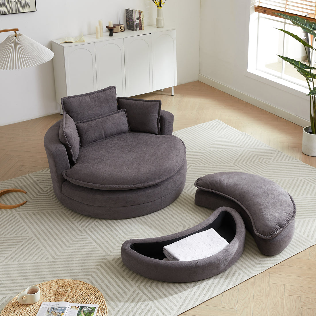 52' Swivel Accent Barrel Modern Grey Sofa Lounge Club Big Round Chair With Storage Ottoman Chenille Fabric For Living Room Hotel With 4 Pillows Grey Foam Chenille