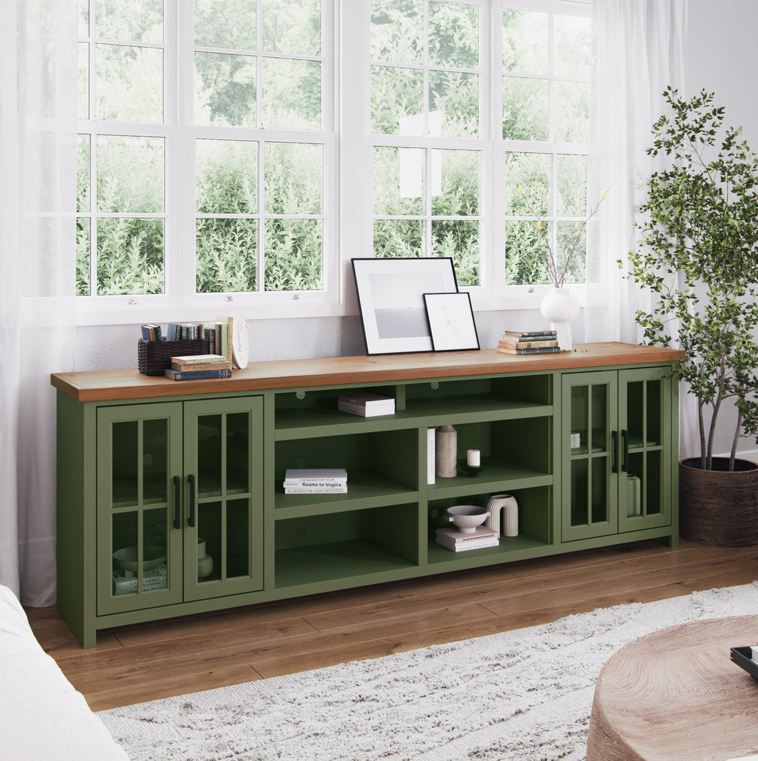 Vineyard 96 Inch Tv Stand Console For Tvs Up To 100 Inches, No Assembly Requried, Sage Green And Fruitwood Finish Green Primary Living Space 90 Inches Or Larger 90 Inches Or Larger Coastal,Farmhouse Poplar 85 Inches Wood