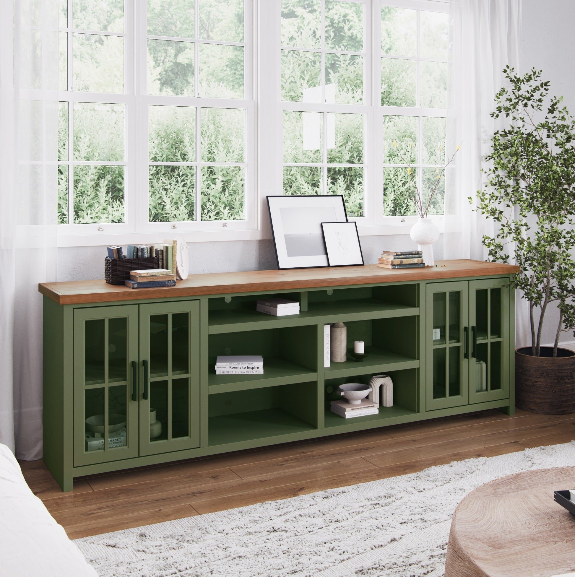 Vineyard 96 Inch Tv Stand Console For Tvs Up To 100 Inches, No Assembly Requried, Sage Green And Fruitwood Finish Green Primary Living Space 90 Inches Or Larger 90 Inches Or Larger Coastal,Farmhouse Poplar 85 Inches Wood