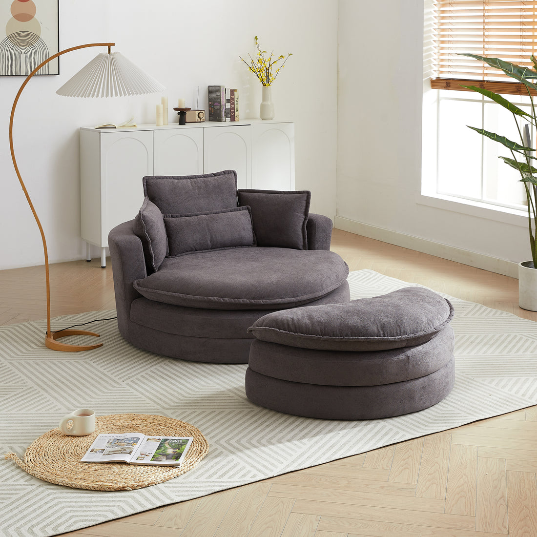 52' Swivel Accent Barrel Modern Grey Sofa Lounge Club Big Round Chair With Storage Ottoman Chenille Fabric For Living Room Hotel With 4 Pillows Grey Foam Chenille