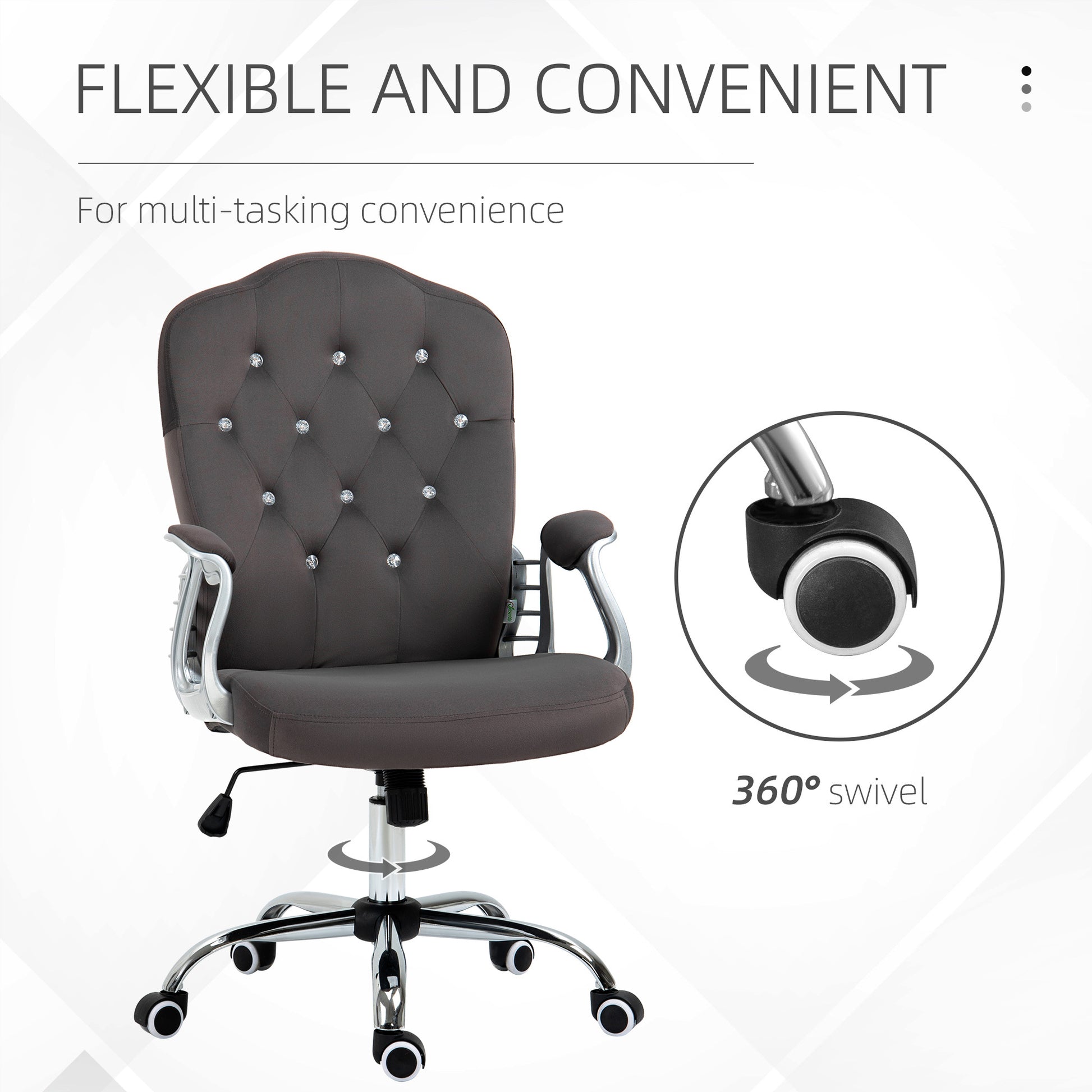 Vinsetto Home Office Chair, Velvet Computer Chair, Button Tufted Desk Chair With Swivel Wheels, Adjustable Height, And Tilt Function, Dark Gray Gray Polyester