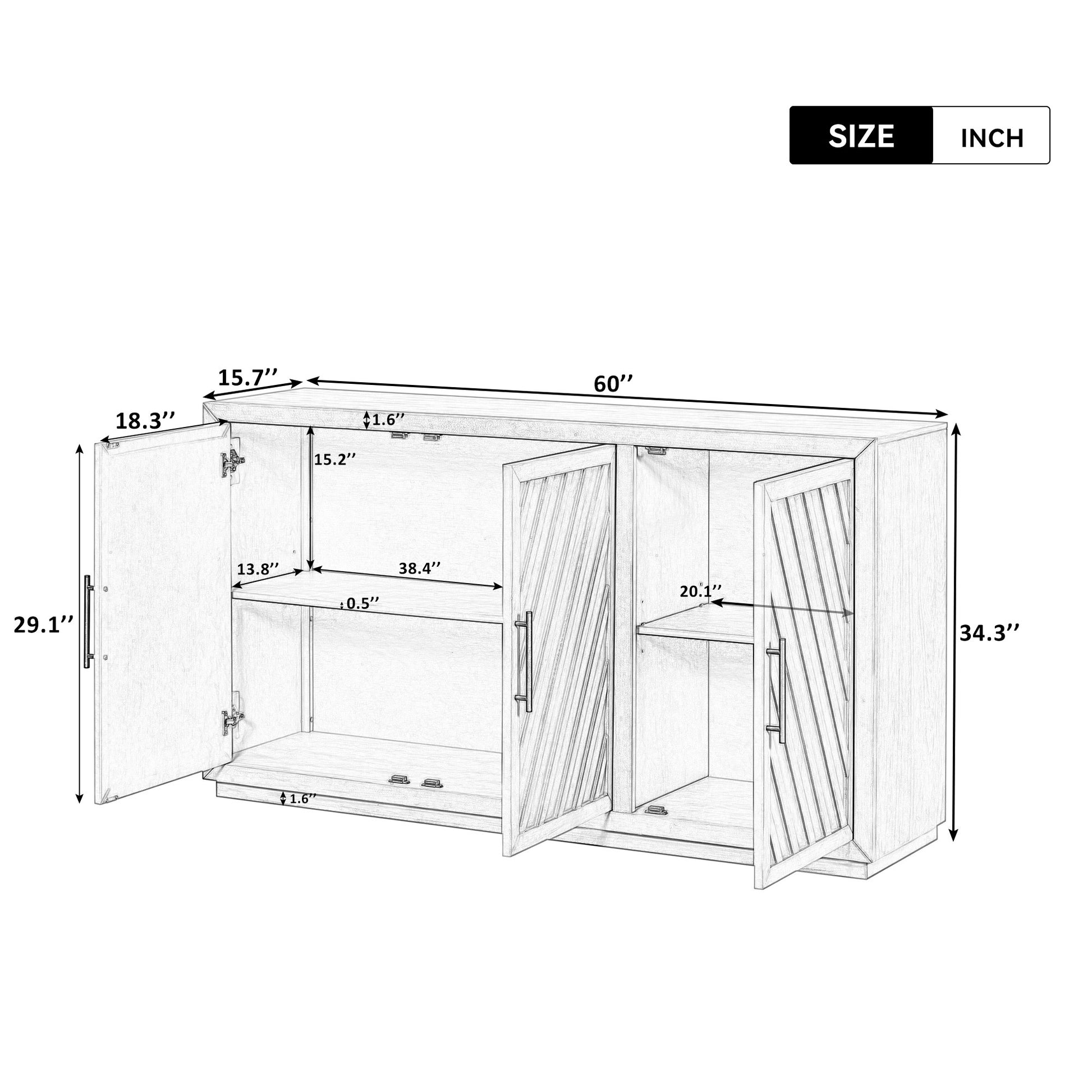 3 Door Large Storage Retro Sideboard With Adjustable Shelves And Black Handles For Kitchen, Dining Room And Living Room Antique Gray Antique Gray Solid Wood Mdf