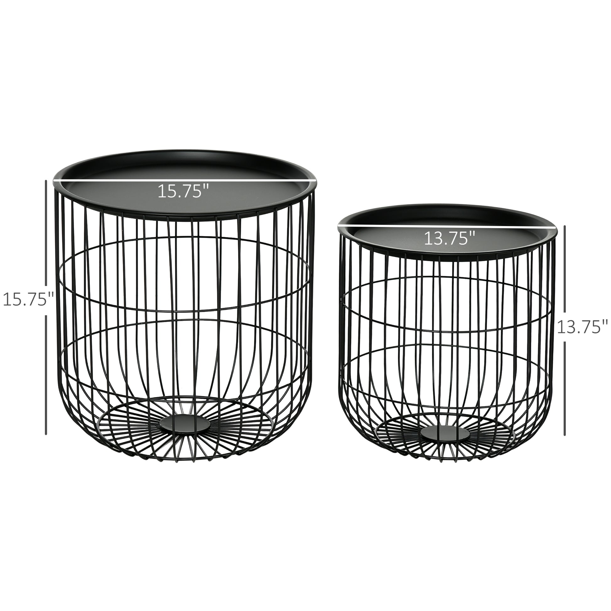 Homcom Nesting Coffee Tables, Round Coffee Table Set Of 2 With Steel Wired Basket Body And Removable Top, Stacking End Tables Blanket Storage For Living Room, Black Black Steel