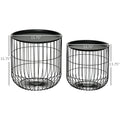 Homcom Nesting Coffee Tables, Round Coffee Table Set Of 2 With Steel Wired Basket Body And Removable Top, Stacking End Tables Blanket Storage For Living Room, Black Black Steel