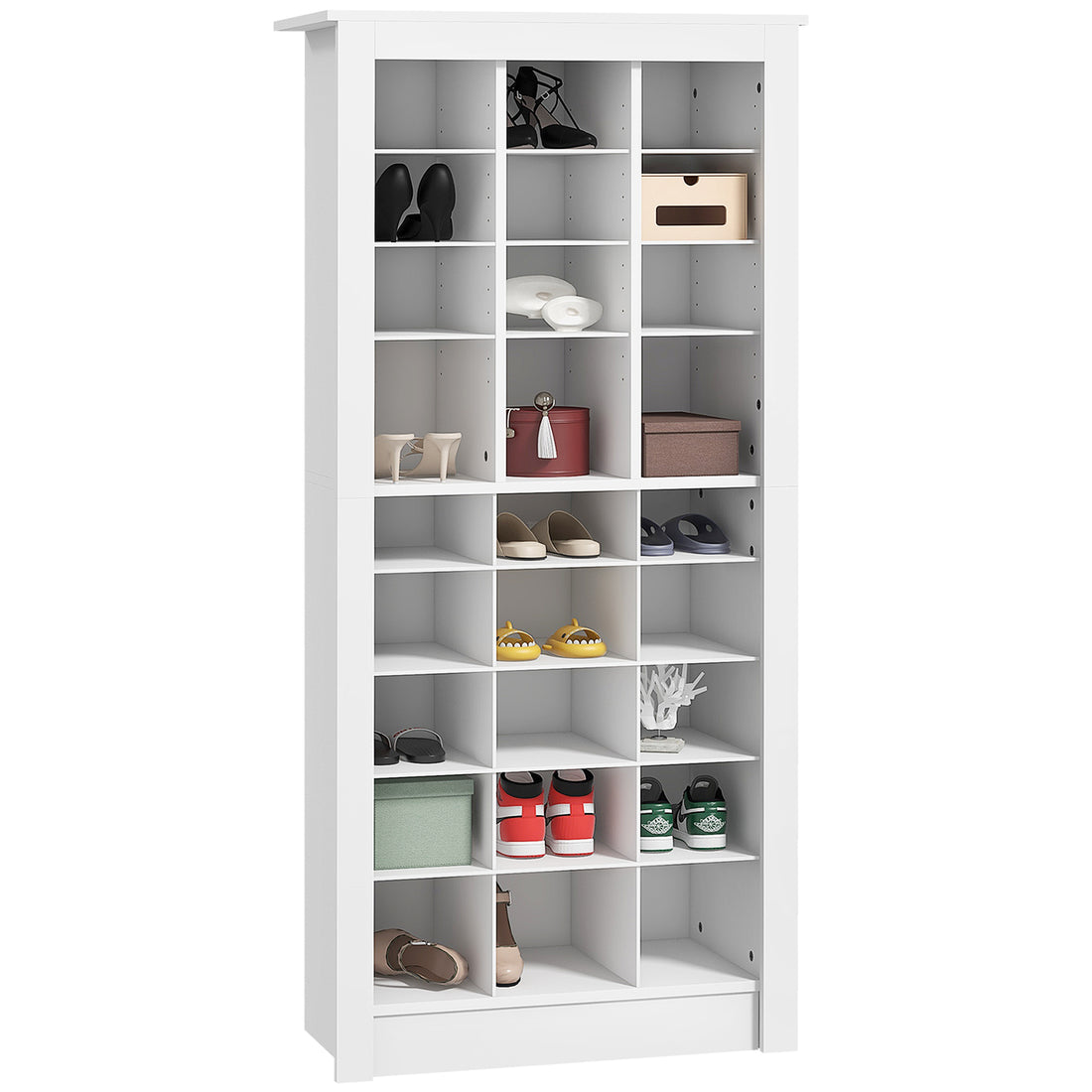 Homcom 58" Tall Shoe Cabinet For Entryway, Narrow Shoe Rack Storage Organizer With Open Cubes And Adjustable Shelves For 27 Pairs Of Shoes, White White Particle Board