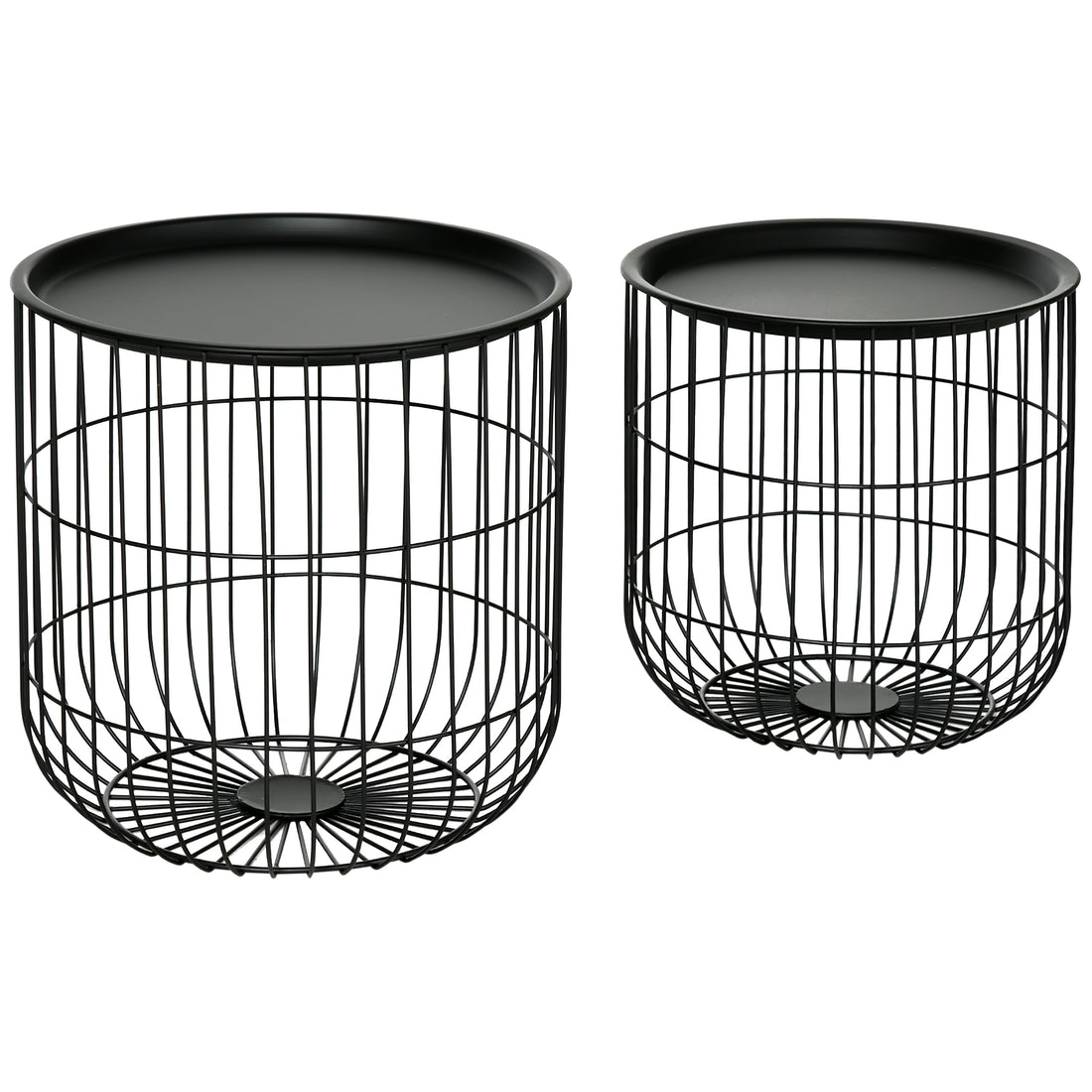 Homcom Nesting Coffee Tables, Round Coffee Table Set Of 2 With Steel Wired Basket Body And Removable Top, Stacking End Tables Blanket Storage For Living Room, Black Black Steel