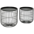 Homcom Nesting Coffee Tables, Round Coffee Table Set Of 2 With Steel Wired Basket Body And Removable Top, Stacking End Tables Blanket Storage For Living Room, Black Black Steel