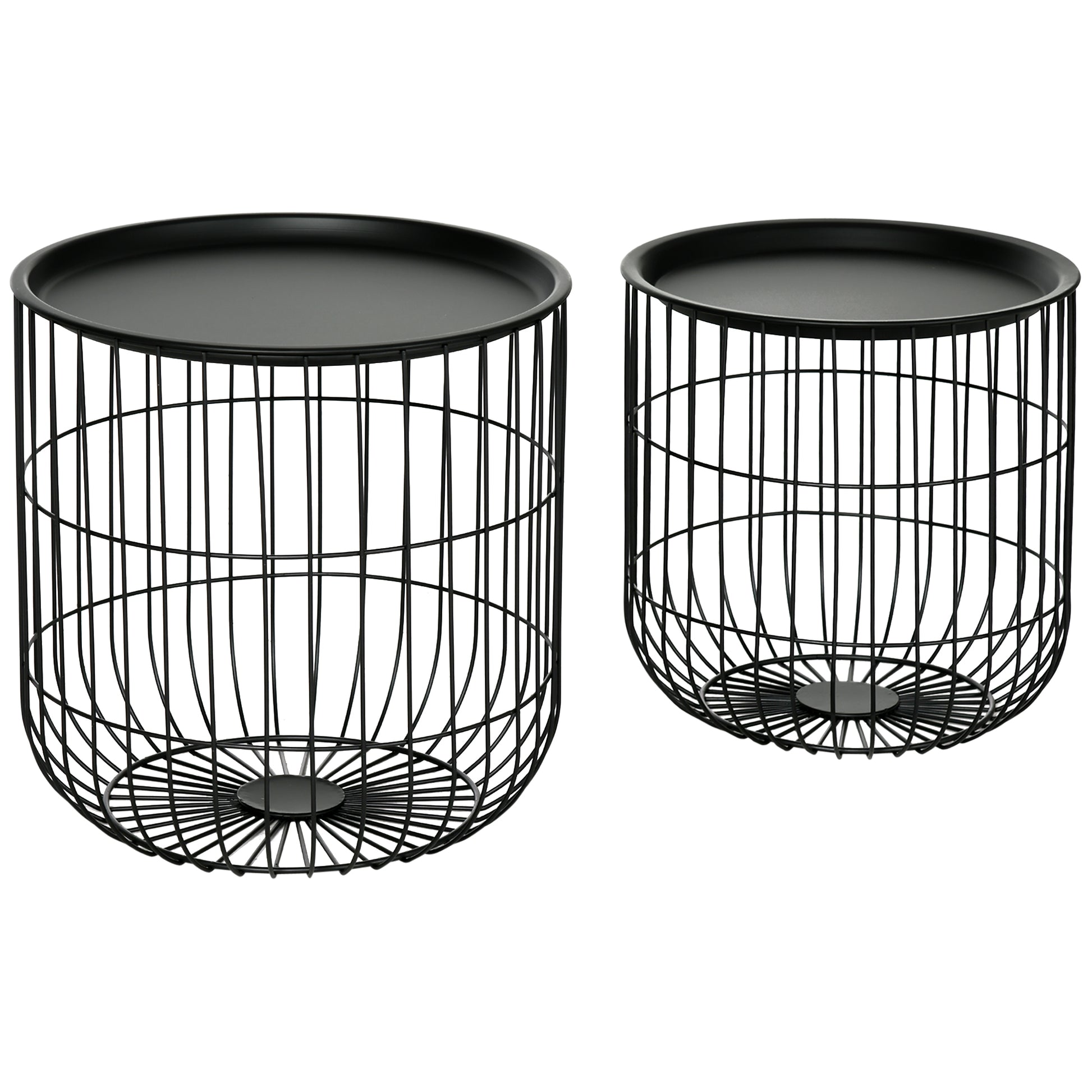 Homcom Nesting Coffee Tables, Round Coffee Table Set Of 2 With Steel Wired Basket Body And Removable Top, Stacking End Tables Blanket Storage For Living Room, Black Black Steel