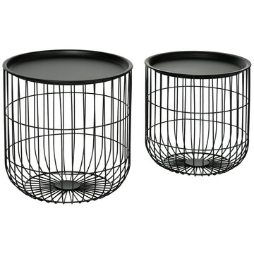 Homcom Nesting Coffee Tables, Round Coffee Table Set Of 2 With Steel Wired Basket Body And Removable Top, Stacking End Tables Blanket Storage For Living Room, Black Black Steel