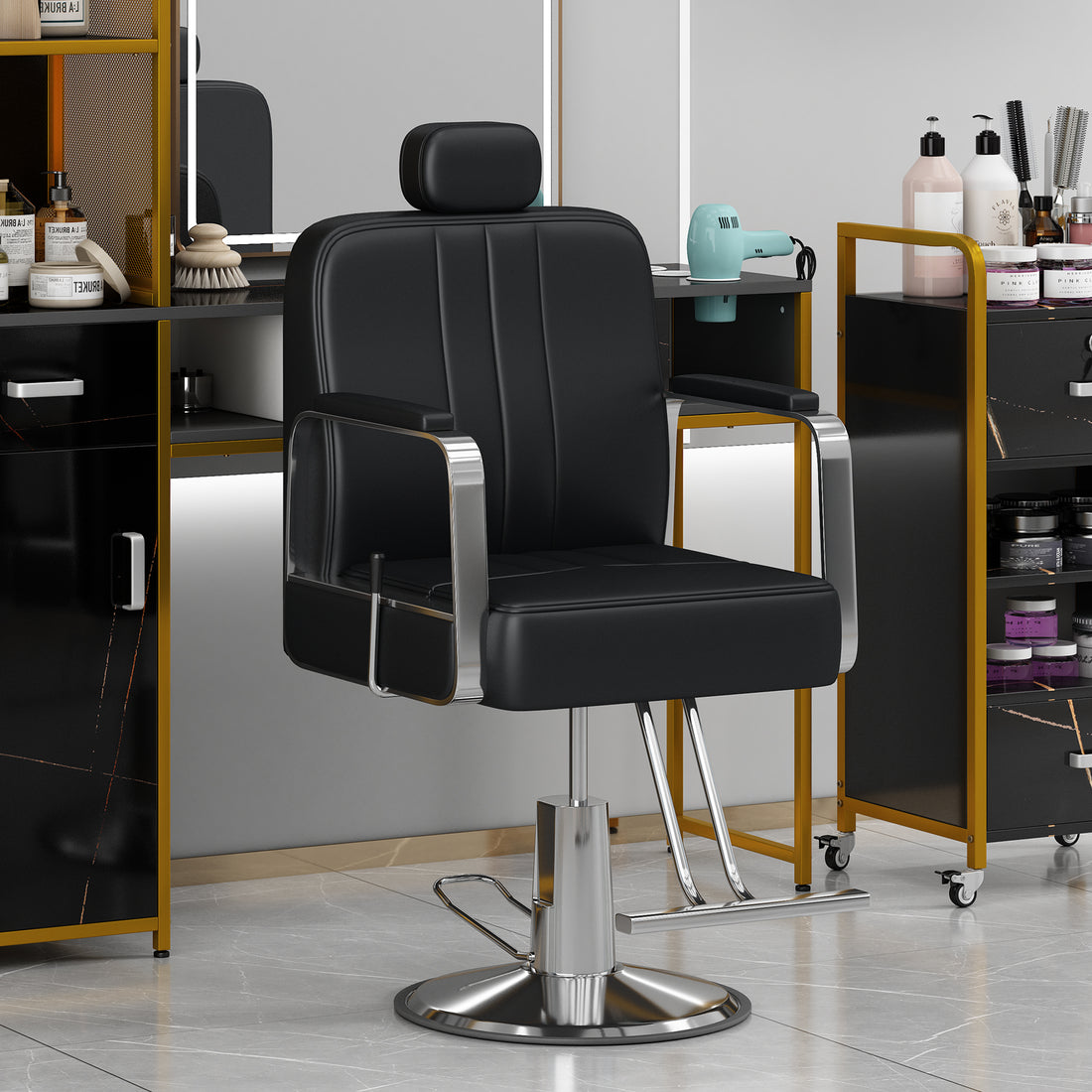 Premium Reclining Barber Chair Salon Chair For Hair Stylist With Heavy Duty Hydraulic Pump, 360 Rotation, Tattoo Chair Shampoo Beauty Salon Equipment, Max Load Weight 400 Lbs, Black Black Pu