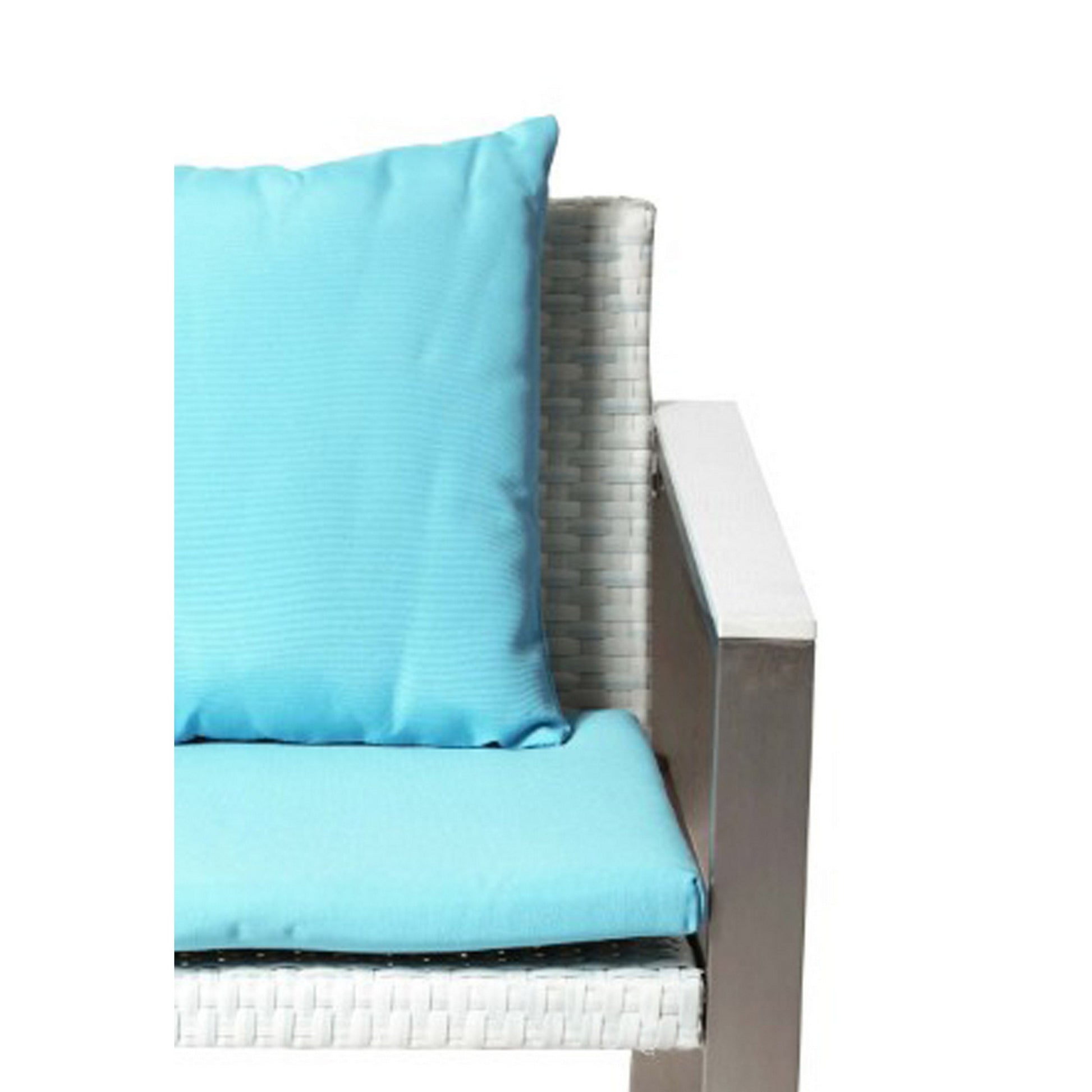 Anodized Aluminum Upholstered Cushioned Chair With Rattan, White Turquoise Gray Blue White Stripes Rattan Metal