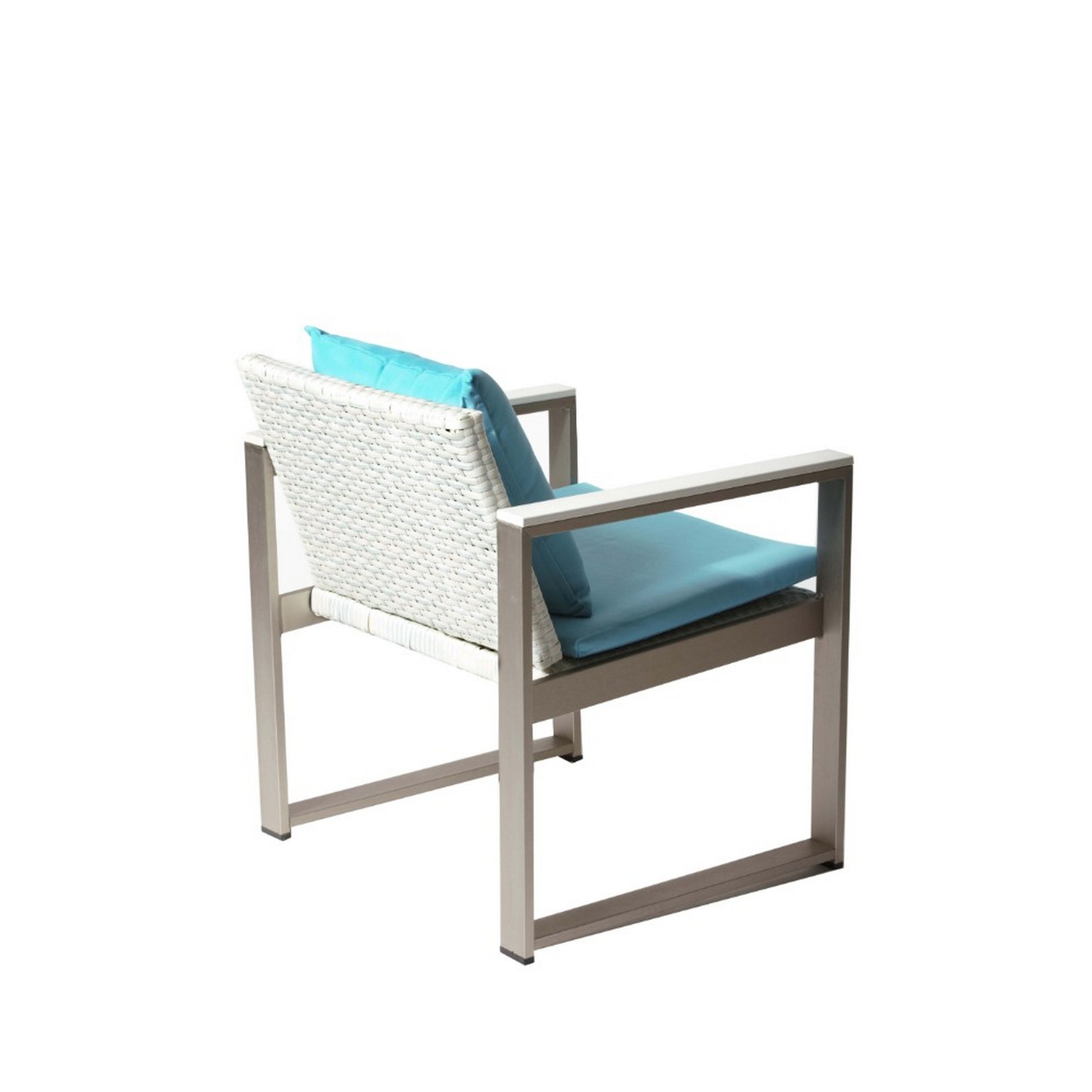 Anodized Aluminum Upholstered Cushioned Chair With Rattan, White Turquoise Gray Blue White Stripes Rattan Metal
