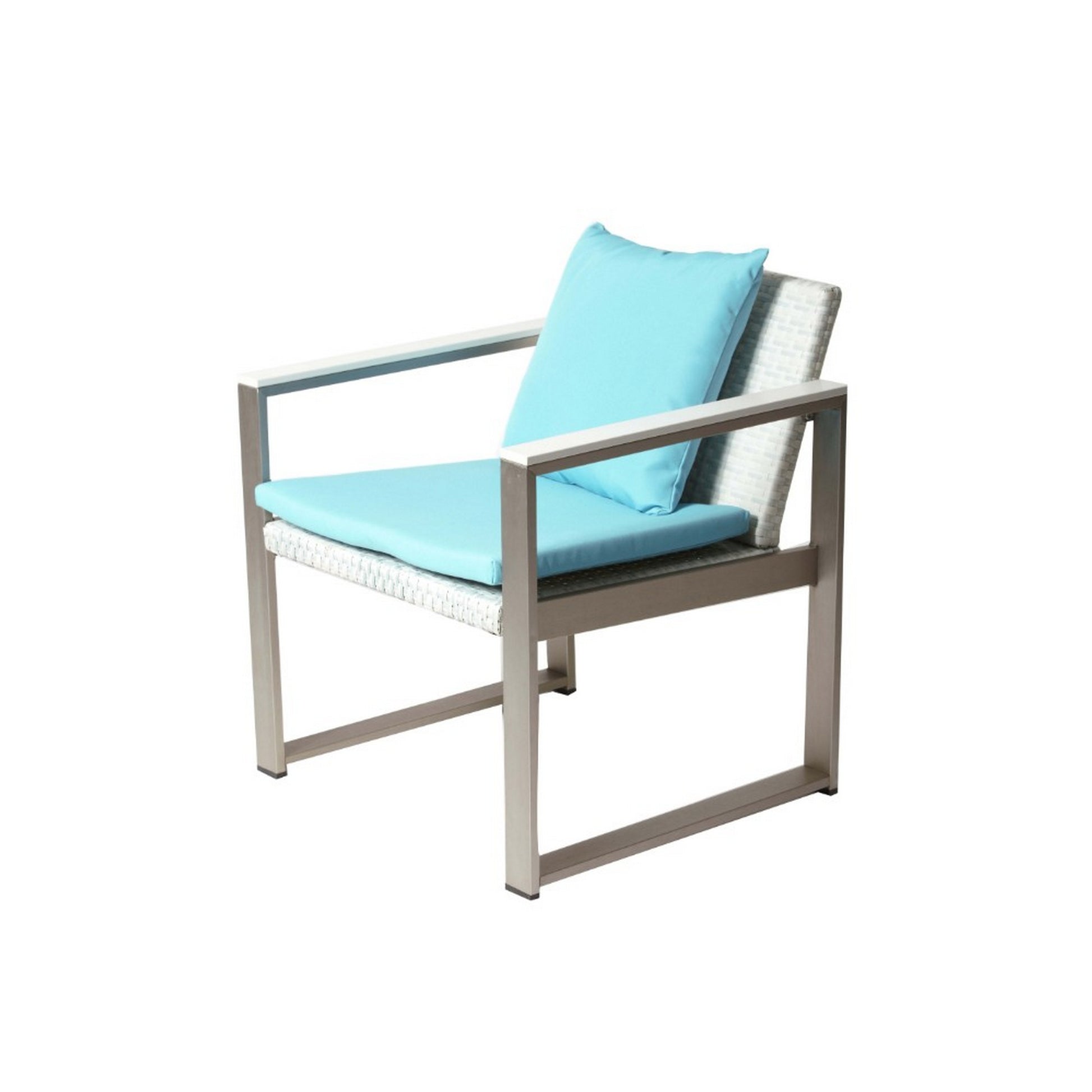 Anodized Aluminum Upholstered Cushioned Chair With Rattan, White Turquoise Gray Blue White Stripes Rattan Metal