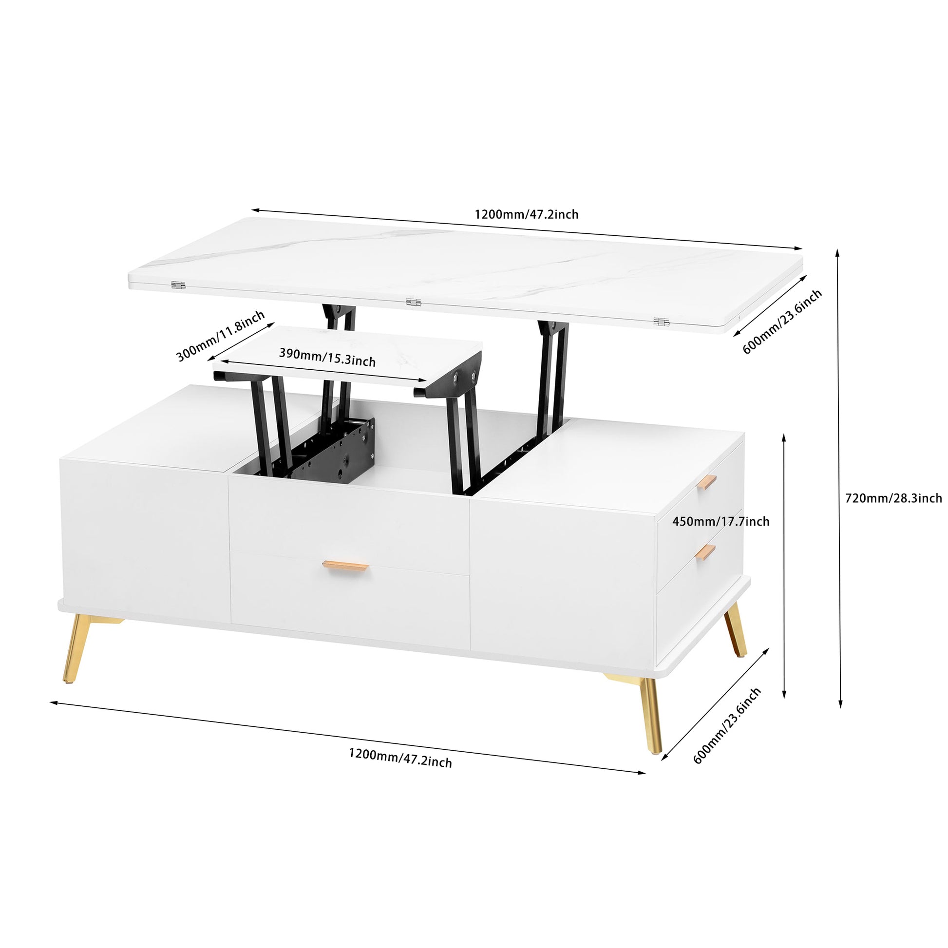 Modern Lift Top Coffee Table Multi Functional Table With Drawers In White White Mdf Steel