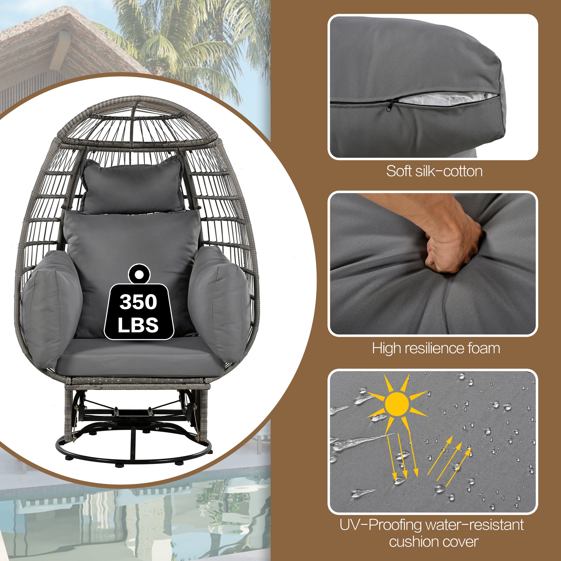 Outdoor Swivel Chair With Cushions, Rattan Egg Patio Chair With Rocking Function For Balcony, Poolside And Garden Grey Wicker Grey Cushion Grey Wicker