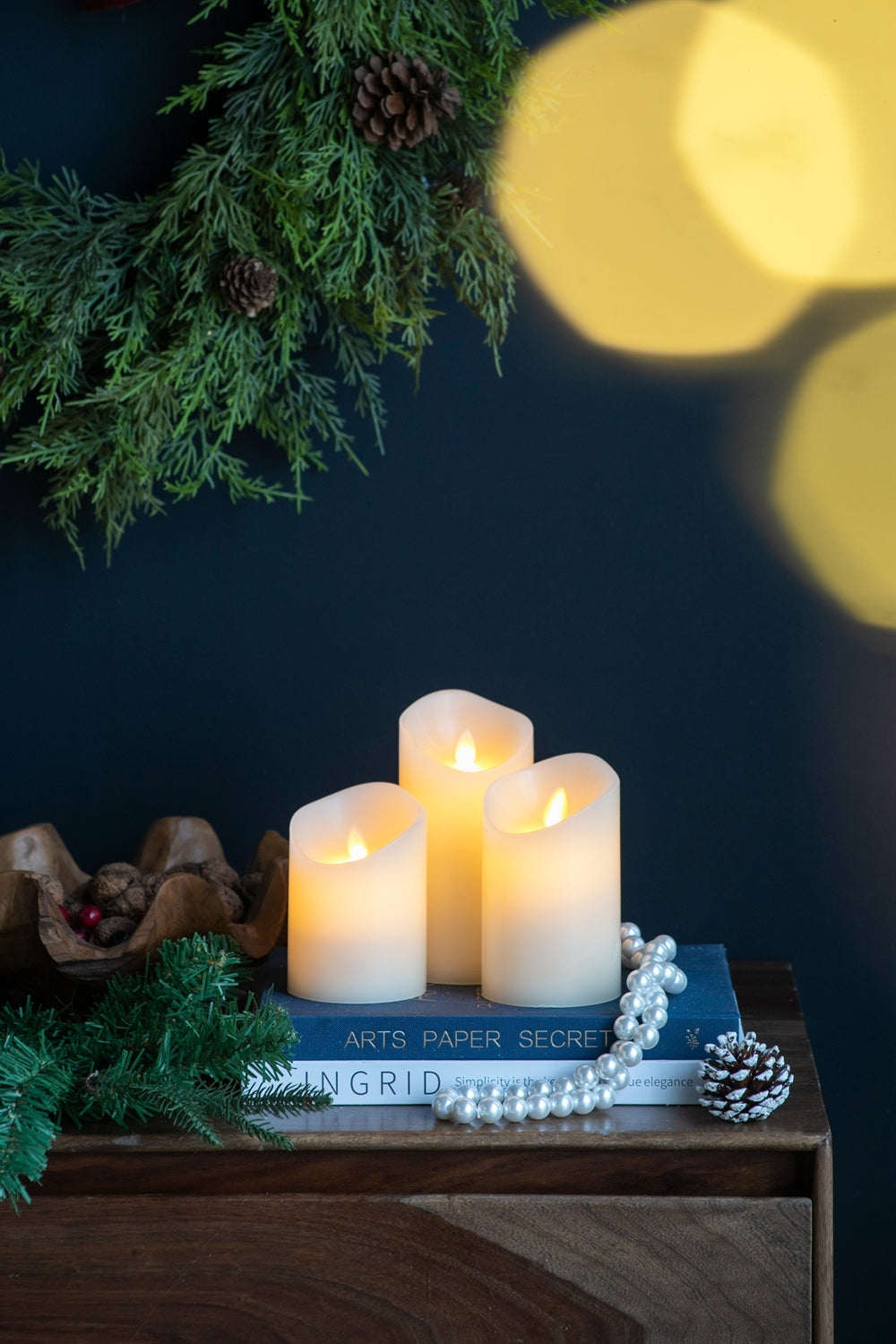 Set Of 3 Flickering Ivory Led Candles With Remote Timer, L:D3X6" M:D3X5" S:D3X4" Ivory Classic Plastic