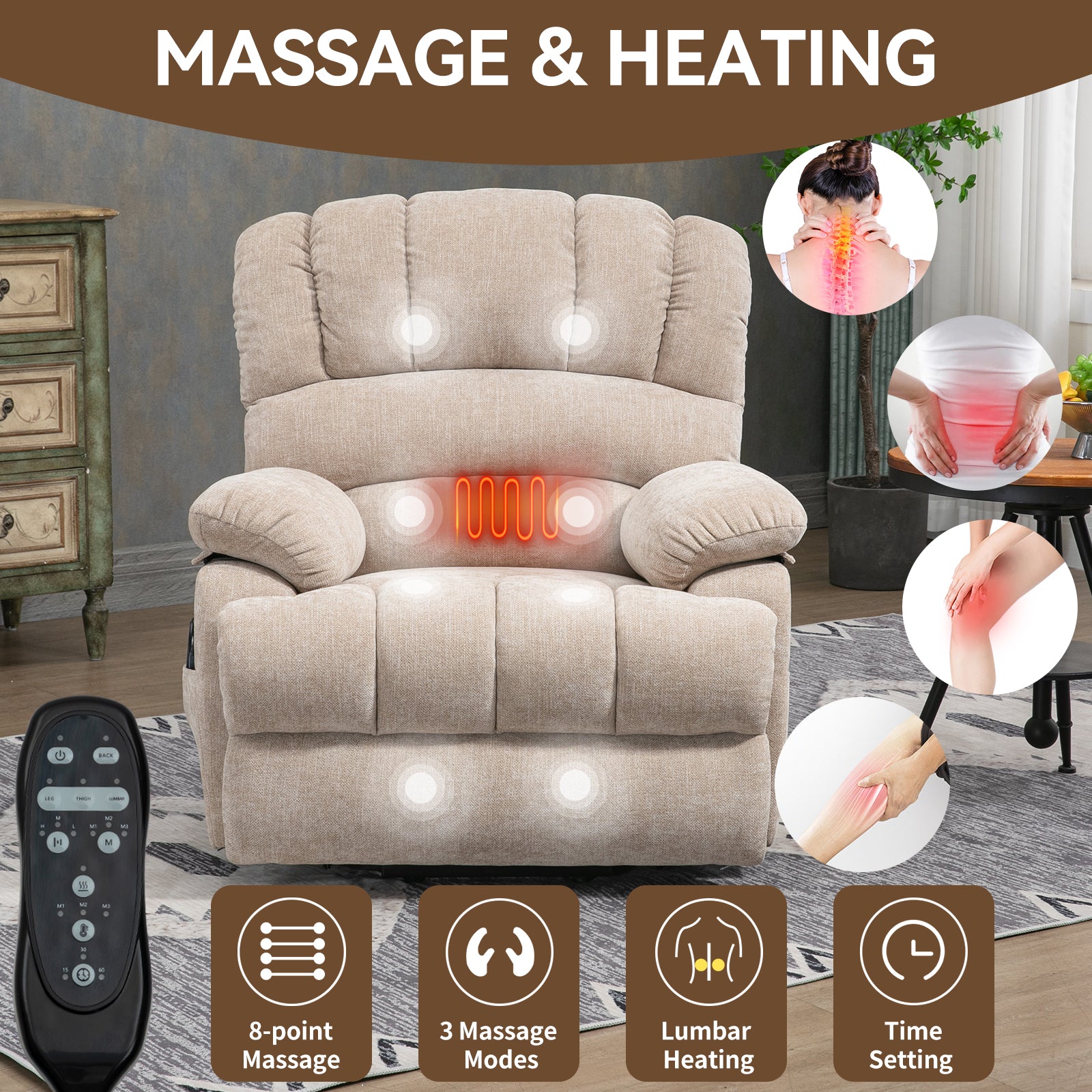 23" Seat Width And High Back Large Size Beige Chenille Power Lift Recliner Chair With 8 Point Vibration Massage And Lumbar Heating Beige Power Push Button Medium Firm Pillow Back Heavy Duty Pillow