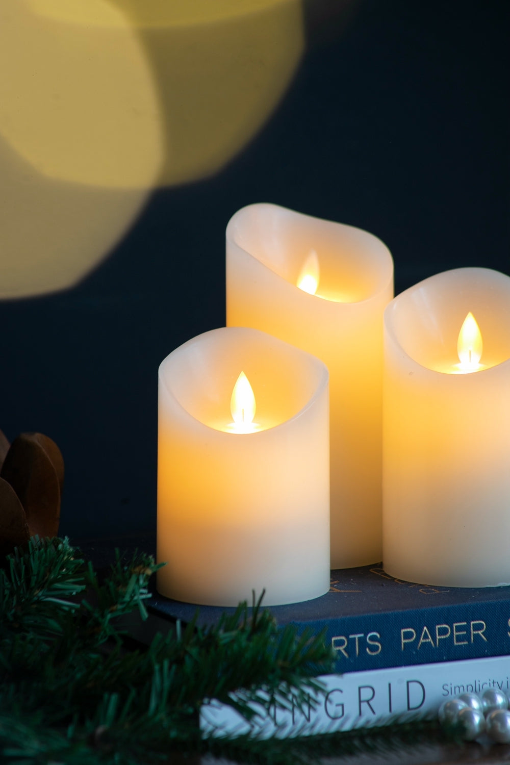 Set Of 3 Flickering Ivory Led Candles With Remote Timer, L:D3X6" M:D3X5" S:D3X4" Ivory Classic Plastic