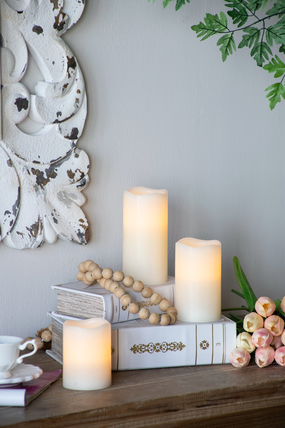 Set Of 3 Ivory Led Candles With Remote Timer, L:D3X6" M:D3X5" S:D3X4" Ivory Classic Plastic