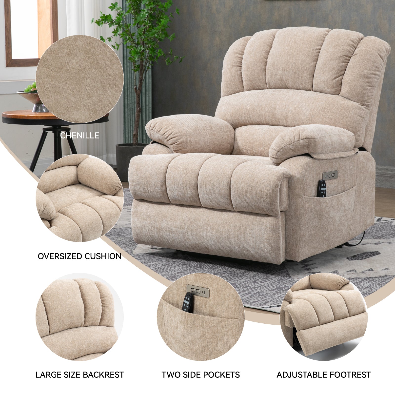 23" Seat Width And High Back Large Size Beige Chenille Power Lift Recliner Chair With 8 Point Vibration Massage And Lumbar Heating Beige Power Push Button Medium Firm Pillow Back Heavy Duty Pillow