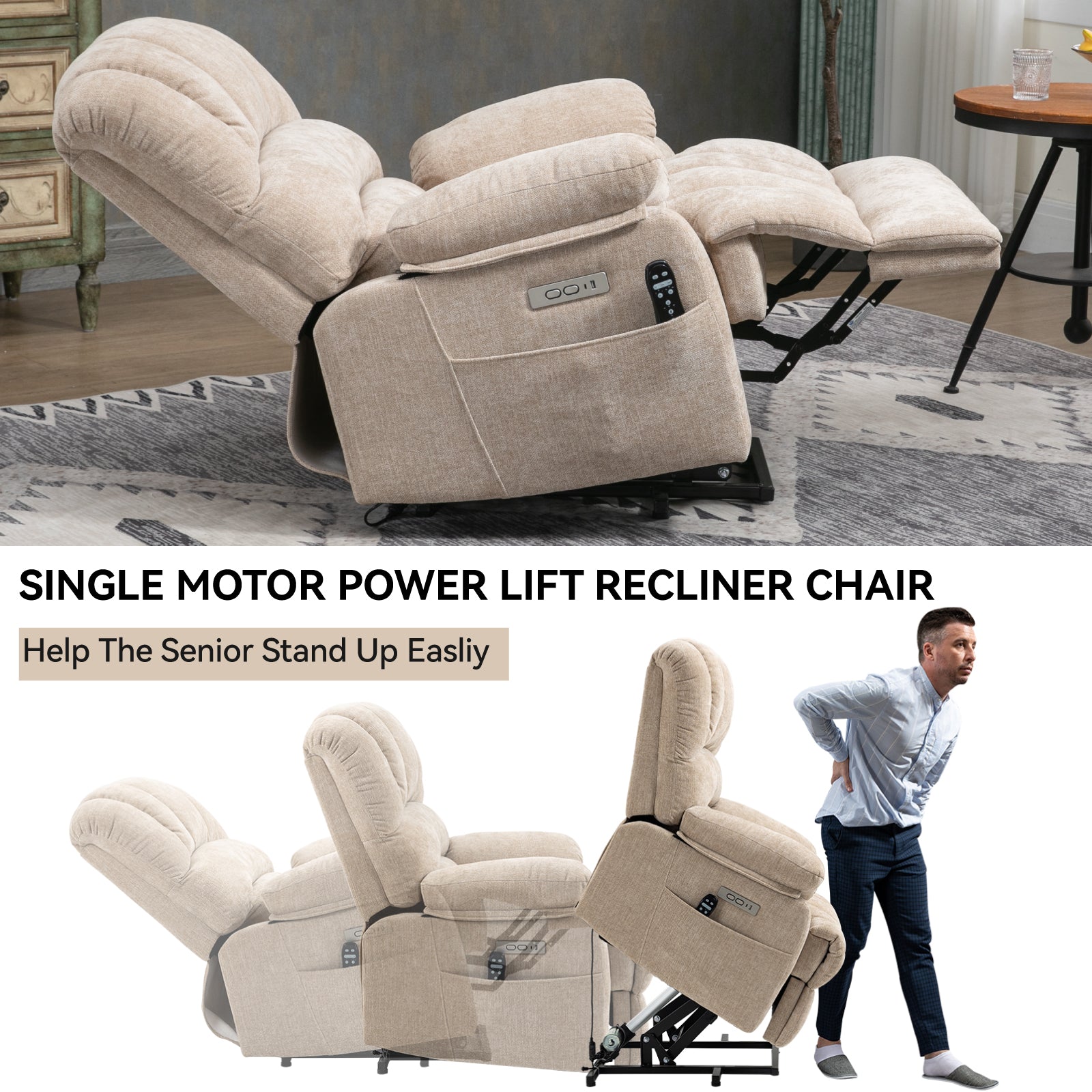 23" Seat Width And High Back Large Size Beige Chenille Power Lift Recliner Chair With 8 Point Vibration Massage And Lumbar Heating Beige Power Push Button Medium Firm Pillow Back Heavy Duty Pillow