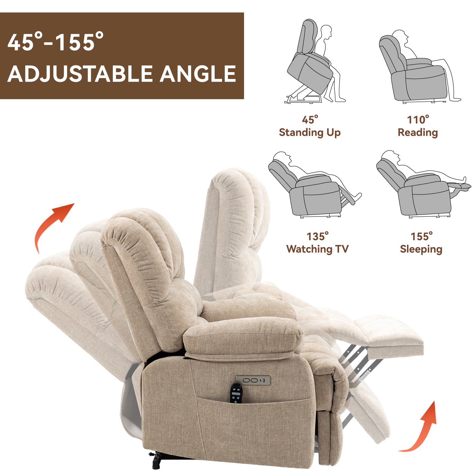 23" Seat Width And High Back Large Size Beige Chenille Power Lift Recliner Chair With 8 Point Vibration Massage And Lumbar Heating Beige Power Push Button Medium Firm Pillow Back Heavy Duty Pillow