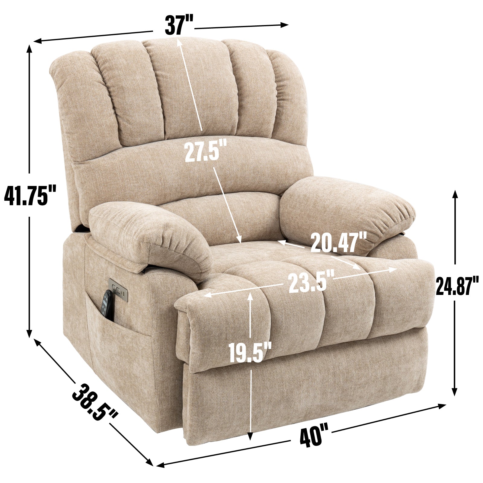 23" Seat Width And High Back Large Size Beige Chenille Power Lift Recliner Chair With 8 Point Vibration Massage And Lumbar Heating Beige Power Push Button Medium Firm Pillow Back Heavy Duty Pillow