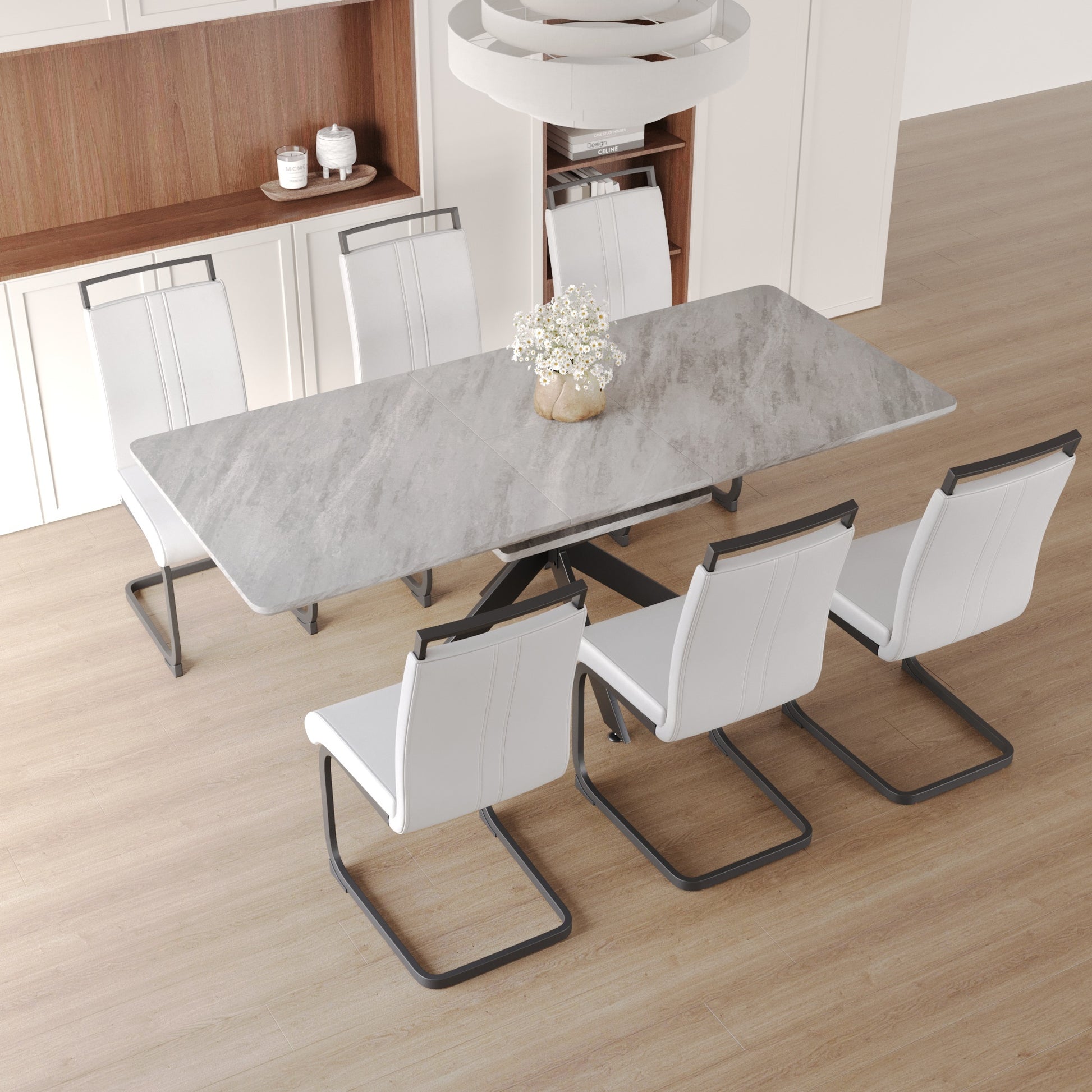 Scalable Dining Table Table Set For 6 8 Person For Dining Room,C Shaped Tube Soft Padded Armless Dining Chairs And Very Large Dining Room Table Kitchen Table Chair Set With Metal Legs Grey White Mdf Metal