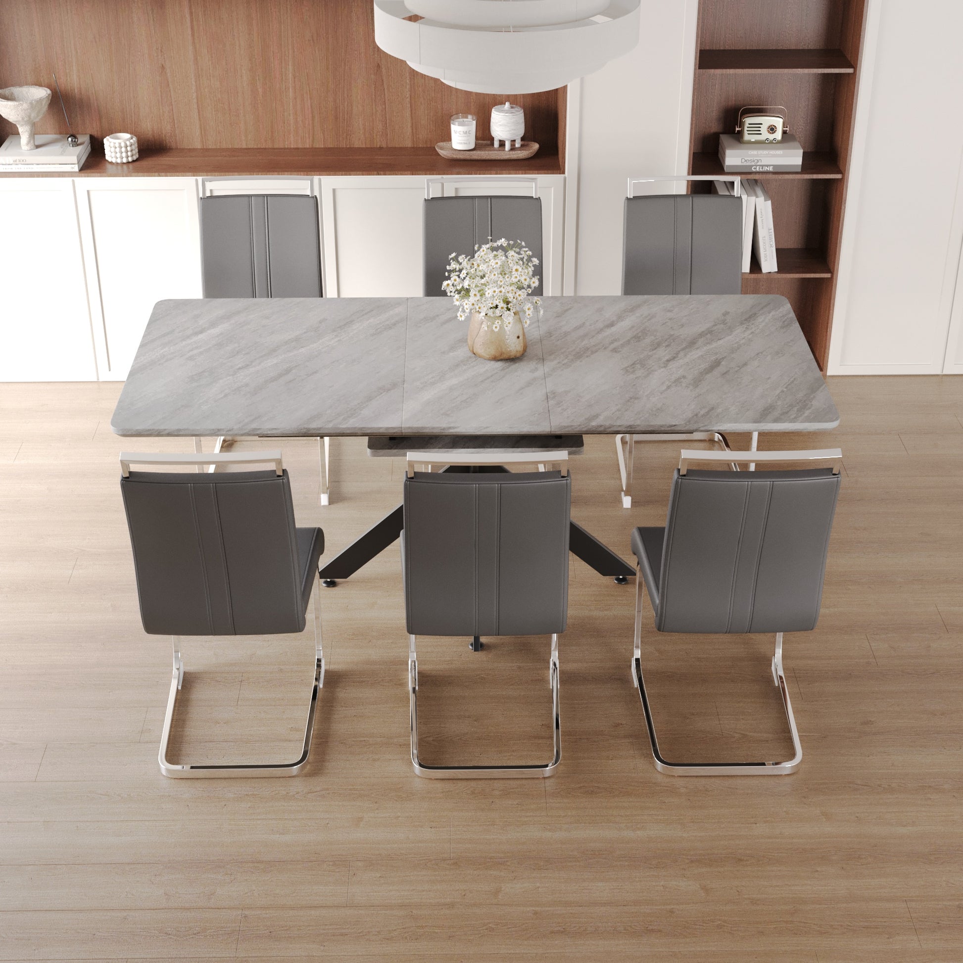 62.4" Extendable 78.15" Dining Table Set For 6 8 Person For Dining Room,C Shaped Tube Soft Padded Armless Dining Chair And Very Large Dining Room Table Kitchen Table Chair Set With Metal Legs Grey