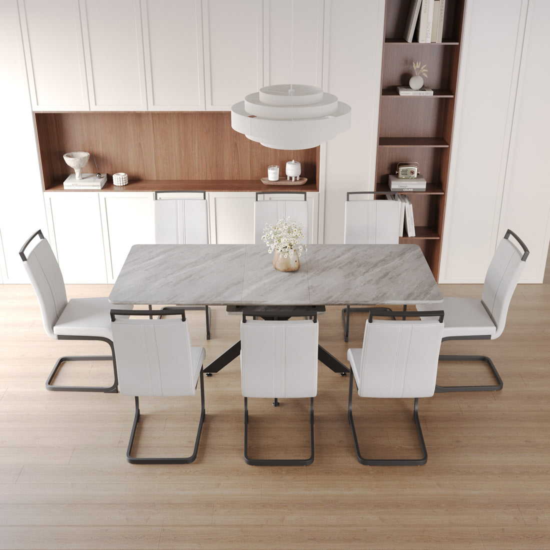 Scalable Dining Table Table Set For 6 8 Person For Dining Room,C Shaped Tube Soft Padded Armless Dining Chairs And Very Large Dining Room Table Kitchen Table Chair Set With Metal Legs Grey White Mdf Metal
