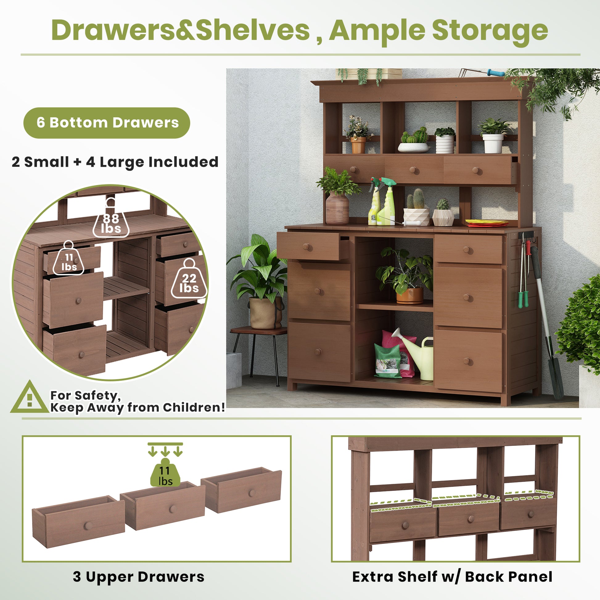 Garden Potting Bench Table, Rustic And Sleek Design With Multiple Drawers And Shelves For Storage, Brown Brown Garden & Outdoor Rustic Wood
