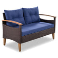 4 Piece Garden Furniture, Patio Seating Set, Pe Rattan Outdoor Sofa Set, Wood Table And Legs, Brown And Blue Yes Blue Shredded Polyurethane Foam Polyester,Wicker