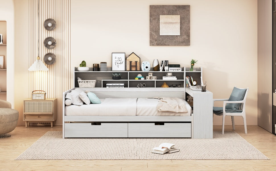 Wooden Full Size Daybed With Storage Shelves, Multi Functional Bed With Two Storage Drawers And Study Desk, Antique White Old Sku: Hl000089Aak Full Antique White Wood