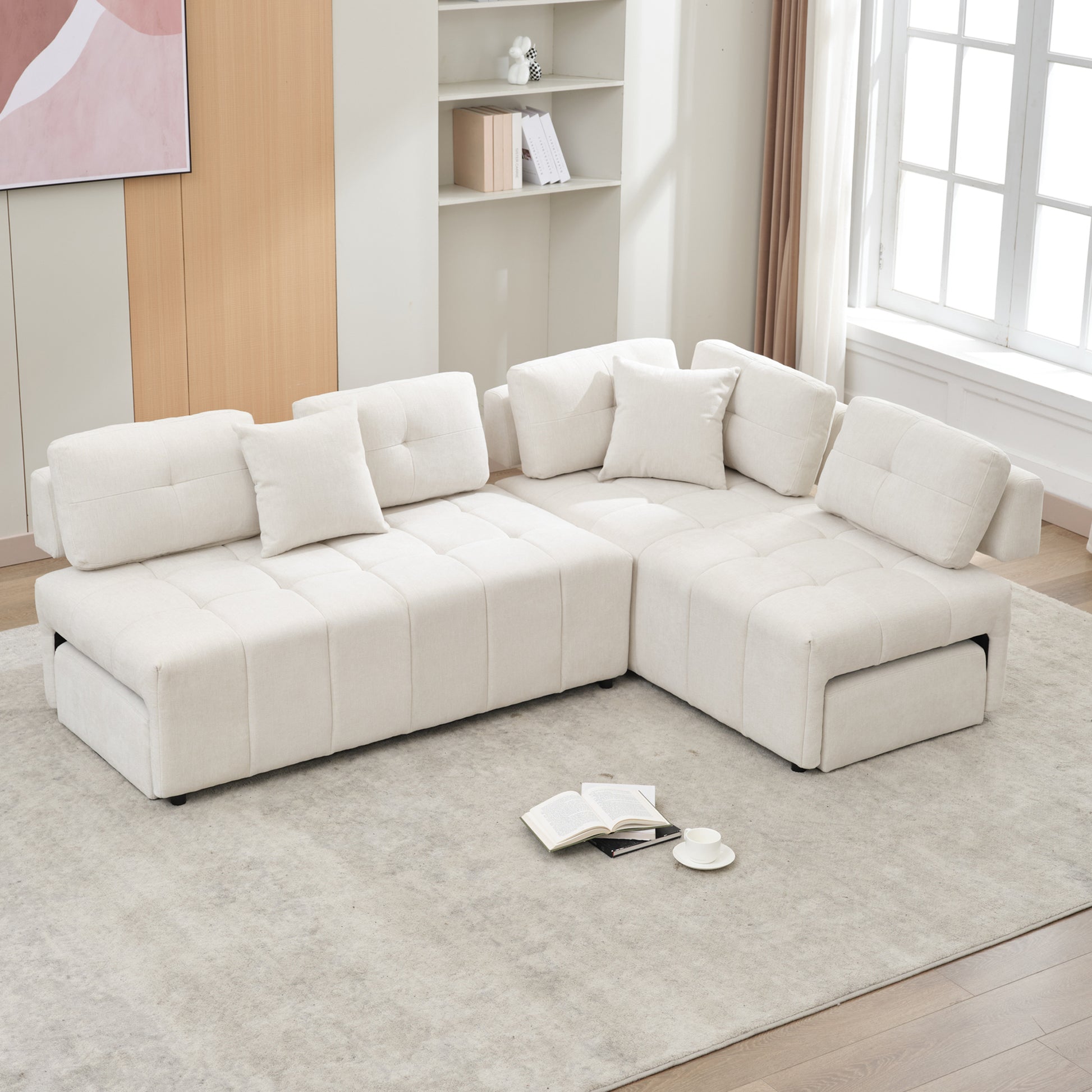 91.73" L Shaped Sofa Sectional Sofa Couch With 2 Stools And 2 Lumbar Pillows For Living Room, Biege Beige Chenille